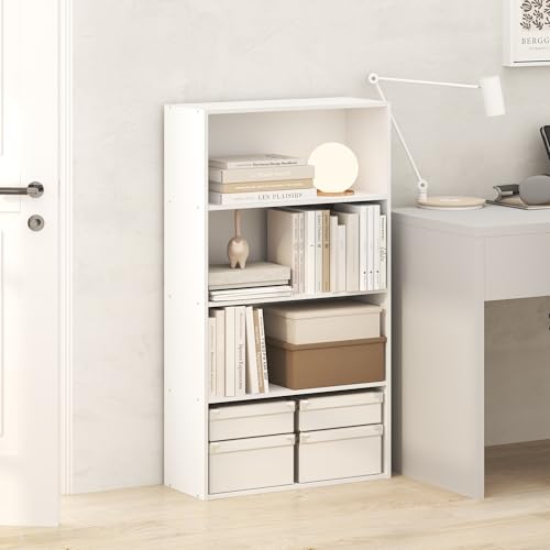 Image of Furinno Jaya Book Shelf, 4-Tier Book Shelf, Bookcase with Open Shelving, Standing Bookshelf, 9.5 x 23.6 x 41.9, for Organization and Storage, for Home Office, Living Room, White