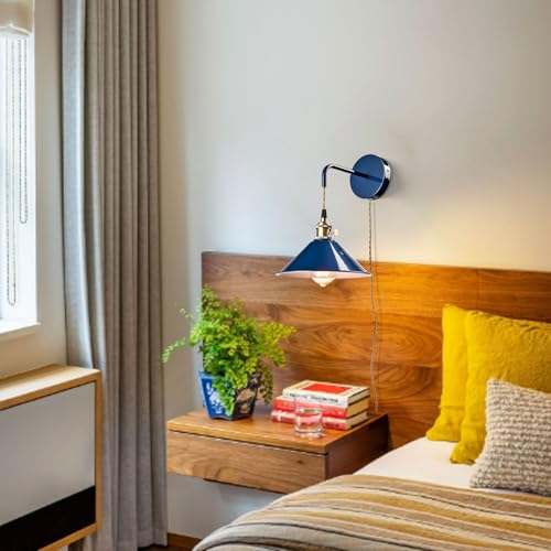 Image of Plug-in Macaron Wall Sconce, Hanging Height-Adjustable Wall Lamp Set of Two, Hardwire Optional, Blue Industrial Wall Light Fixture for Home Office