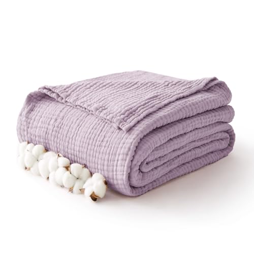 Image of 100% Cotton Muslin Blanket Twin 60 inch x 80 inch, Breathable and Lightweight Cotton Twin Blankets for Couch, Soft Cooling Summer Gauze Blanket for Adults All Season, Lavender
