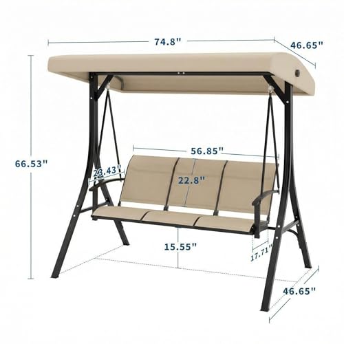 Image of GarveeLife 3-Seat Patio Swing Chair, Outdoor Porch Hanging Chairs with Adjustable Canopy and Armrests, Breathable Textilene Fabric Seat & Backrest, Swing Bench for Garden, Poolside, Backyard, Beige
