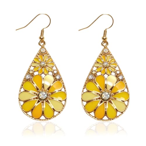 Bohemian Crystal Teardrop Pendant Earring Vintage Olive Green Hollow Out Flower Floral Dangle Earrings National Style Geometry Enamel Flower Hook Earrings Handmade Ethnic Statement Jewelry for Women (Yellow)