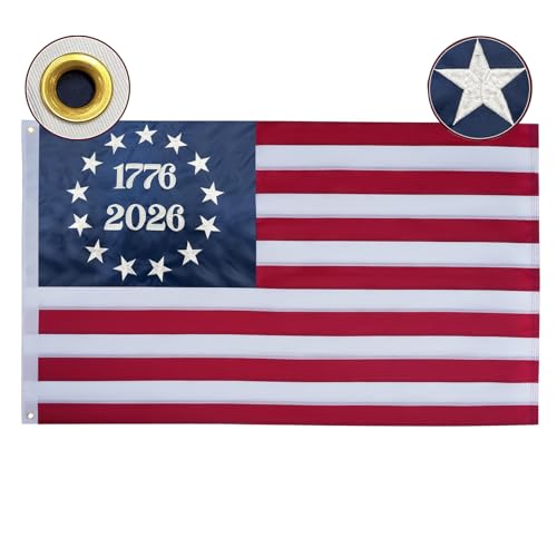Ksheria 250th Anniversary USA Flag 1776-2026 3x5 ft Embroidered Bennington Flag 13 Colonies Betsy Ross Design Heavy Duty Nylon with Brass Grommets UV Resistant for Outdoor Historical Celebration (1776 and 2026 Flag)