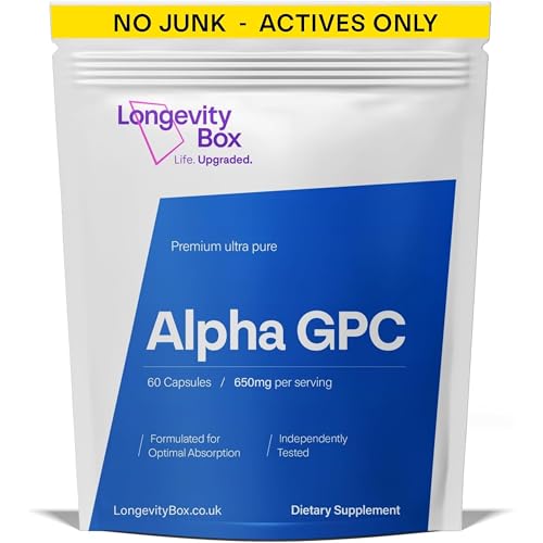 Longevity Box Alpha GPC 650mg High-Potency Nootropic for Focus Memory & Mental Energy 99% Pure Choline 60 Capsules Gluten-Free Tested