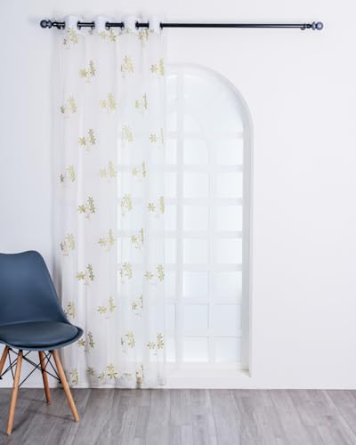 Image of 5 Ft Golden & Green Floral Sheer Tissue Curtain with Embroidery, Grommet Top, 152 L x 121 W cm, For Home, Bedroom, Bathroom
