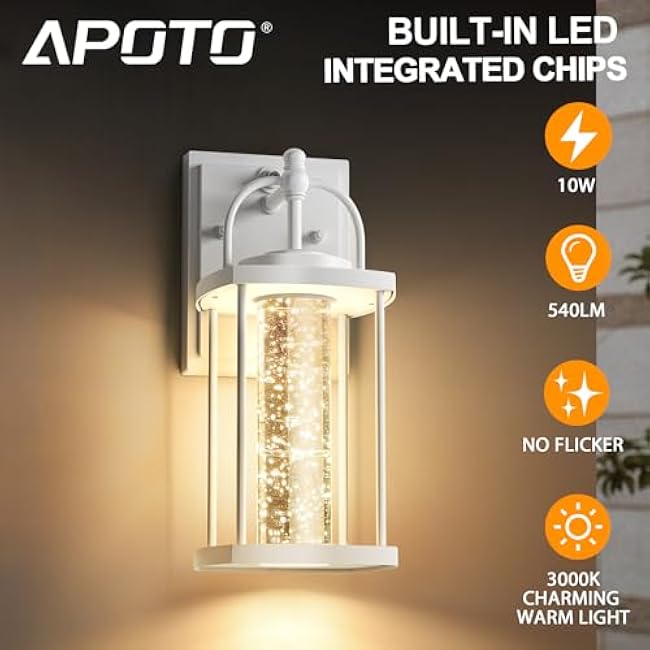 1 Pack Dusk to Dawn Exterior Lighting Fixtures, 10W LED Modern Outdoor Wall Lights Sconce with Crystal Bubble Glass, White Wall Mount Outdoor Porch Lighting Fixtures for House,Front Door,Garage