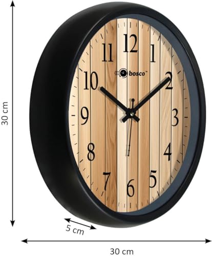 Image of Bosco Decorative Non Ticking Silent, Wooden Colour with Black Frame Elegant 30 CM,Modern Design Round Wall Clock for Home, Living Room, Bedroom, Office and Kitchen | BWC-1249