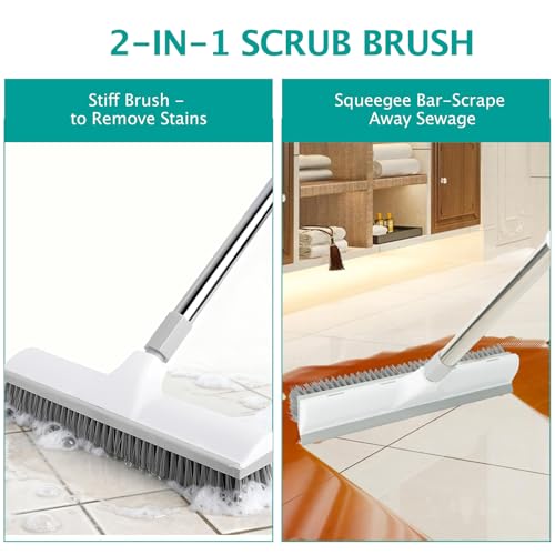 Image of Floor Brush, 2-in-1 Scraping Brush,with 59.8 inch Long-Handled Adjustable Floor Brush, Suitable for Cleaning Kitchen, Bedroom, Shower Room, Floor, Tile Patios, Outdoor Patio, Terrace (White)