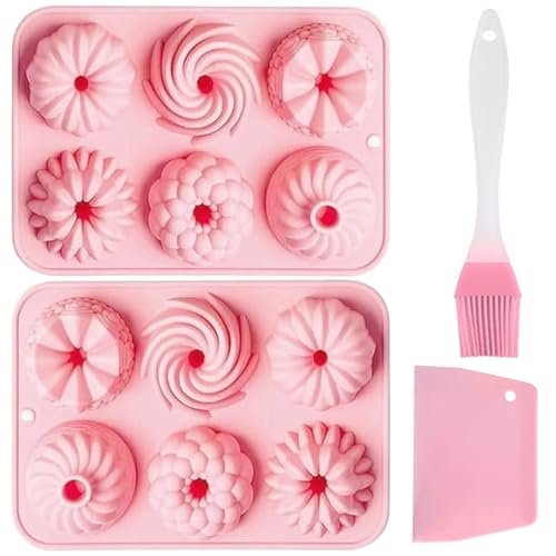 JOZMMZEOOA 2 Pcs Mini Ring Cake Tin 6 Cavity Silicone Baking Pan Fluted Round Cake Pan Silicone Baking Mould Donut Molds Nonstick for Donut Muffin Cupcake（Pink）