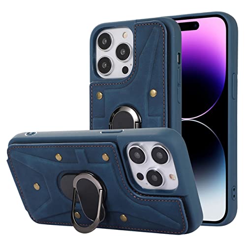 Housse iPhone 11Pro Max bleu en cuir avec anneau rotatif et fente carte