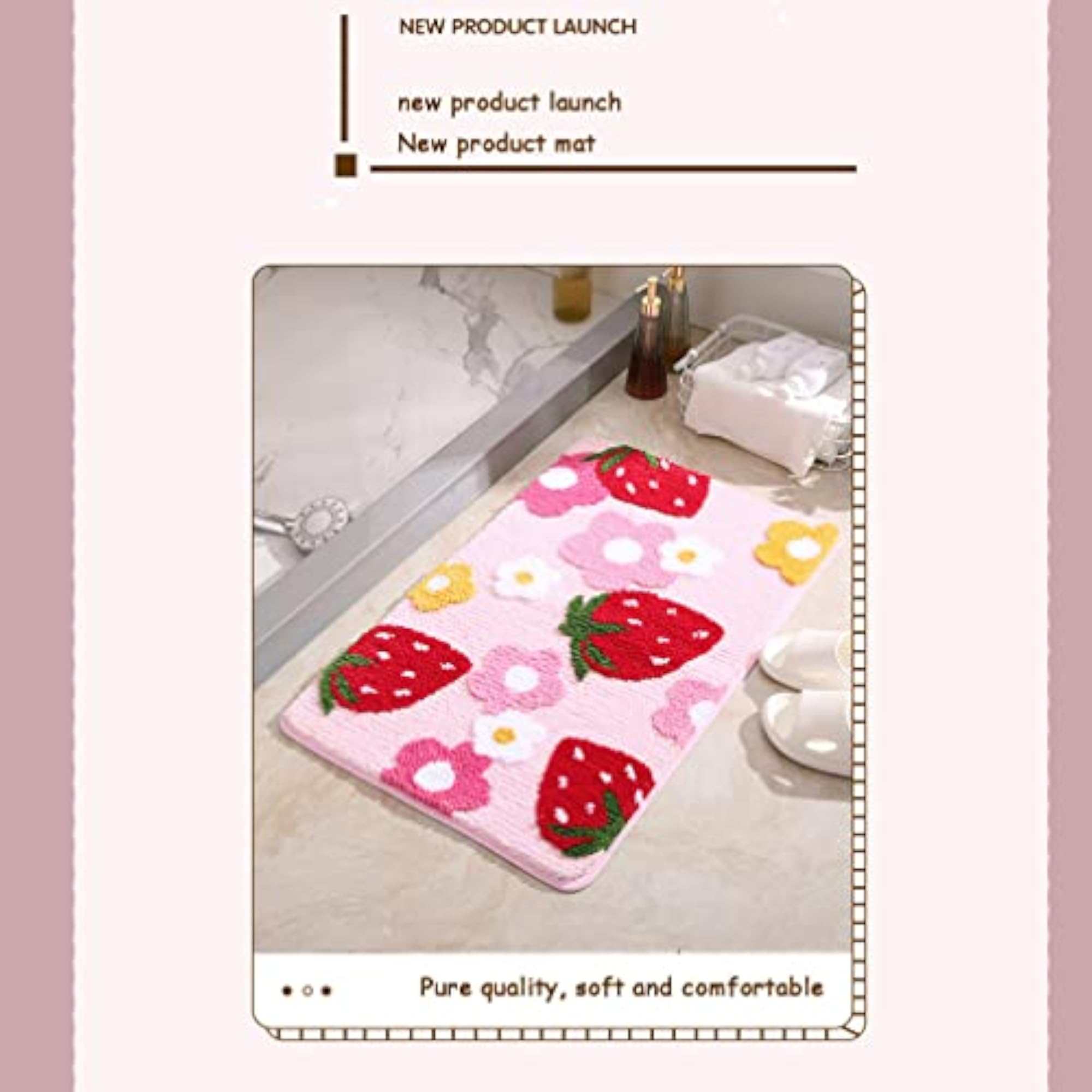 Soft Cozy Strawberry Bathroom Rugs, Non-Slip Bath Mat