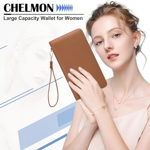 Image of Chelmon Women's Vegan Leather Clutch Wallet with Zip, Hand Strap, Large Capacity, Ch Brown, 8.26 inchx4.5 inchx1 inch, Classic