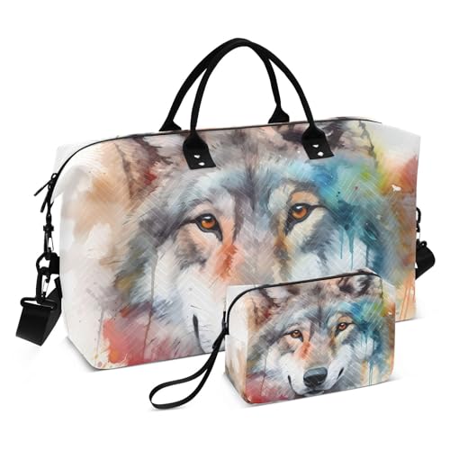 Large Travel Duffel Bag, Doodle Face Wolf Watercolor Sport Tote Gym Bag, Shoulder Weekender Overnight Bag for Women Men, Carry On Luggage with Toiletry Bag