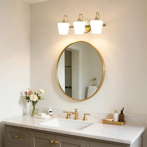 Image of LASENCHOO 3 Lights Bathroom Vanity Light Vintage Bathroom Lighting Fixtures Over Mirror, Brass Wall Sconce Modern Wall Lights for Bedroom Living Room Hallway with Milky Glass Shade, E12 Socket