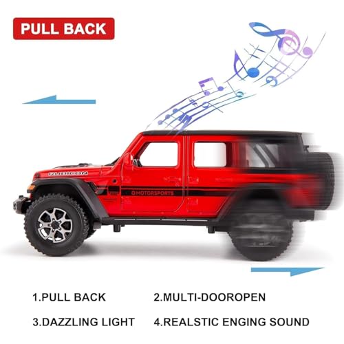 Image of Rubicon Wrangler Toy Car for Kids Collection 1:24 Scale Diecast Metal Model Car with Light Sound Pull Back Openable Door