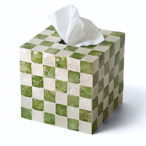 CHI AN HOME 5.7 Square Tissue Box Cover, Handmade Checkered Cube Tissue Box Cover with Capiz Shells, Decorative Tissue Holder for Living Room, Bathroom, Bedroom or Office (Pistachio Green)