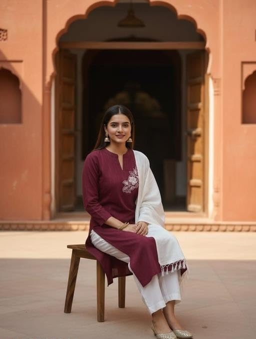 Image of Women Three Piece Kurta Set with Dupatta and Pant Modern Ethnic Design for Office and Traditional Occasions