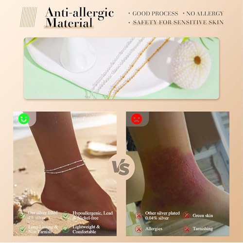 Image of Kenivira Sterling Silver Ankle Bracelets for Women,Gold Dainty Layered Waterproof Anklet for Women, Anklet Set Stackable Beach Gift Adjustable Size