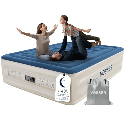VOSSER Queen Air Mattress with Built-in Pump,18'' Raised Blow Up Mattress, Leak-Proof Air Bed with Storage Bag, Flocked Top Inflatable Mattress for Home, Camping & Guests, I-Beam, Colchon Inflable