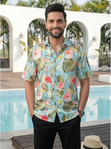 Image of BROWN CULTURE Men Loose Fit Casual Shirt | Oversized Cotton Blend Half Sleeve Shirt | Relaxed Fit Printed Fashion Shirts | Stylish Modern Graphic Streetwear Top for Men