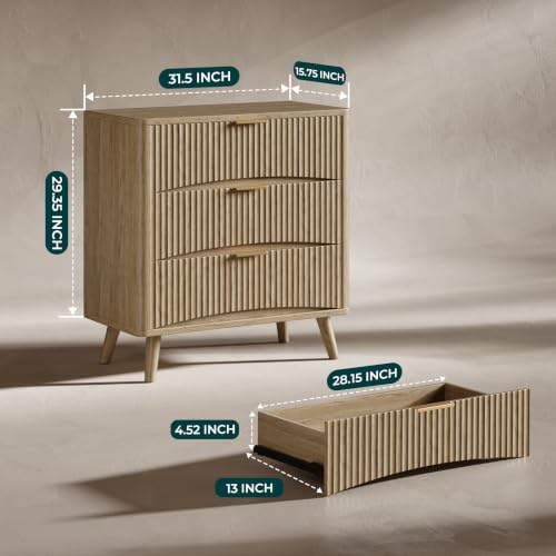 Image of Evermagin 31.5 inchW Oversized Large Fluted Nightstands Set of 2, 3 Drawers Light Wood Night Stand Bedside Table, Mid Century Modern Small Dresser for Bedroom, Natural Oak