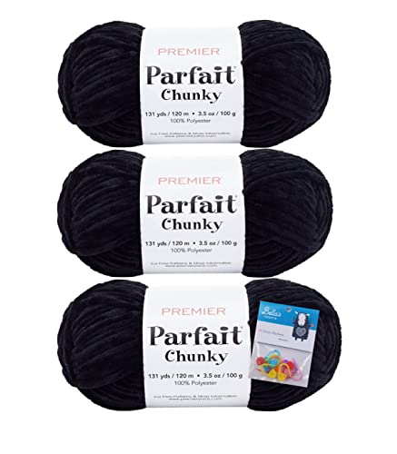 Premier Yarns Parfait Chunky Chenille 3.5 Oz 6 Super Bulky Weight 3 Pack Bundle with Bellas Stitch Place Holders (Black)