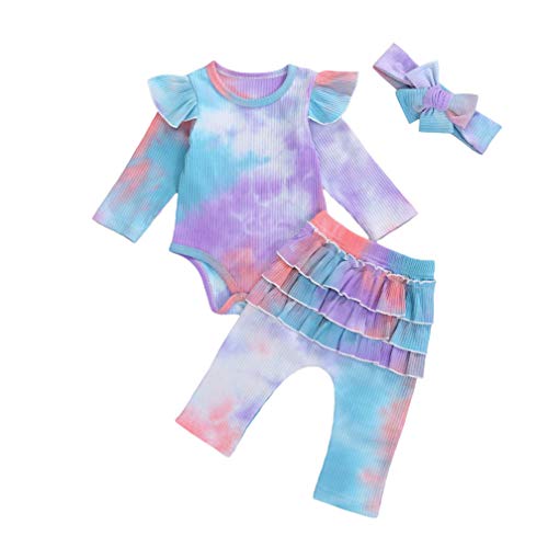 Karuedoo Baby Girls Soft Cotton Knit Ruffle Tights Leggings Infant Toddler Solid Color Stretch Long Pants (0-6M, Tie Dye Ruffle Pants Set- Orange Blue)