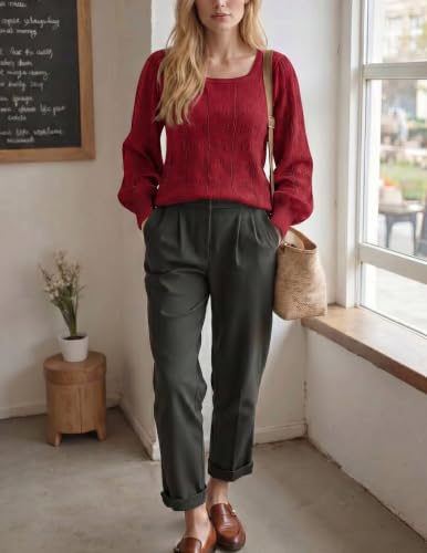 Image of HOTOUCH Sweaters for Women 2026 Fall Trendy Tops Casual Puff Sleeve Square Neck Cute Tunic Pullover Blouses XS-XXL