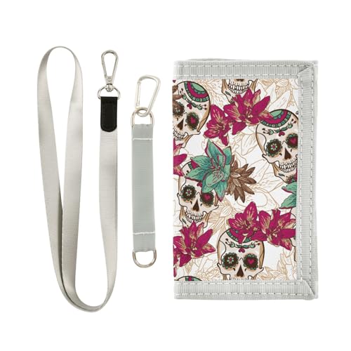 JHKKU Skull Flowers Kids Wallet for Boys Girls, Teen Canvas Trifold Purse with Zipper Coin Pocket