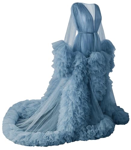 Image of BATHGOWN Sexy Illusion Long Lingerie Tulle Robe Nightgown Bathrobe Sleepwear Bridal Robe Wedding Scarf