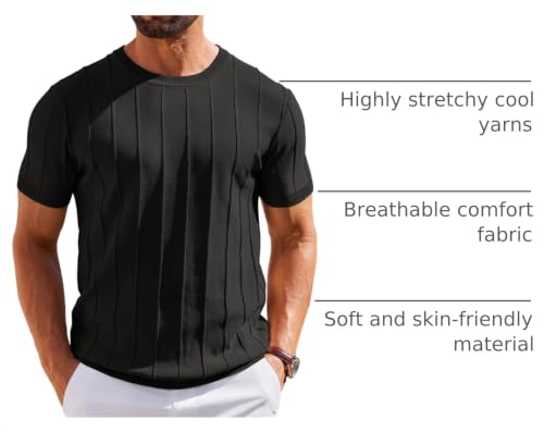 Image of COOFANDY Men's T- Shirts Short Sleeve Knit Sweater Shirt Casual Crewneck Ribbed Pullover Tees
