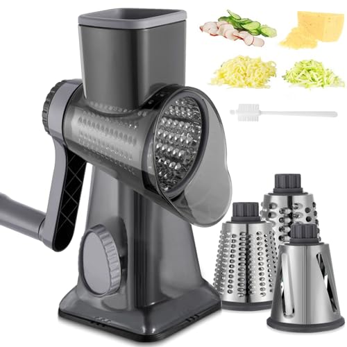 EDEFISY Cheese Grater Hand Crank Rotary Vegetables Shredder with Handle, 3-in-1 Graters with Interchangeable Blades and Strong Suction Base Multifunctional Slicer for Kitchen