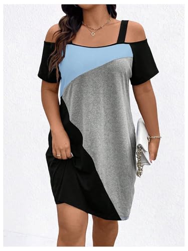 Image of SOLY HUX Women's Plus Size Dress Cold Shoulder Color Block Short Sleeve T Shirt Dress Casual Summer Dresses