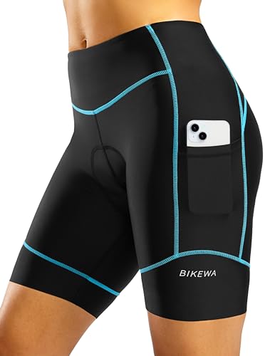Padded Bike Shorts for Women High Waisted 4D Padding Cycling Bicycle Road Biking Cycle Biker Riding Spinning Shorts with Pockets(Black/Sky Blue,XS)