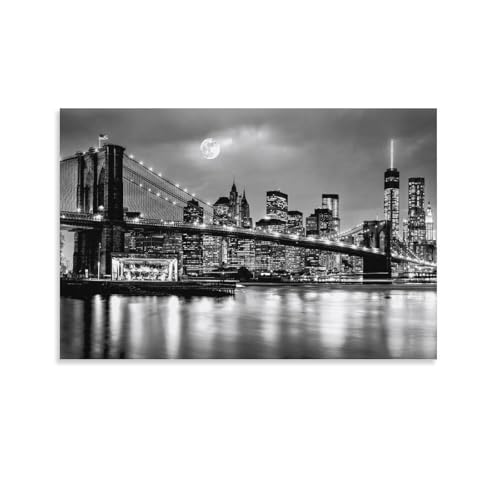 ブルックリン橋 夜景 風景 アート月 夜 ニューヨーク シーン 絵画 ポスターhd キャンバス 芸術 ポスター 壁アート 画像 印刷 現代 寝室 装飾 ポスター ホームアートワーク24x36inch(60x90cm)