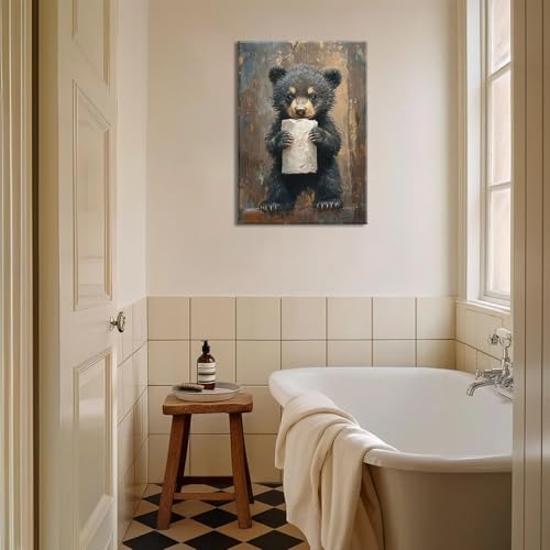 VVL Funny Bathroom Bear Wall Art Black Bear With Paper Canvas Painting Picture Humor Animal Wall Decor for Kids Restroom Bathroom Home Decoration