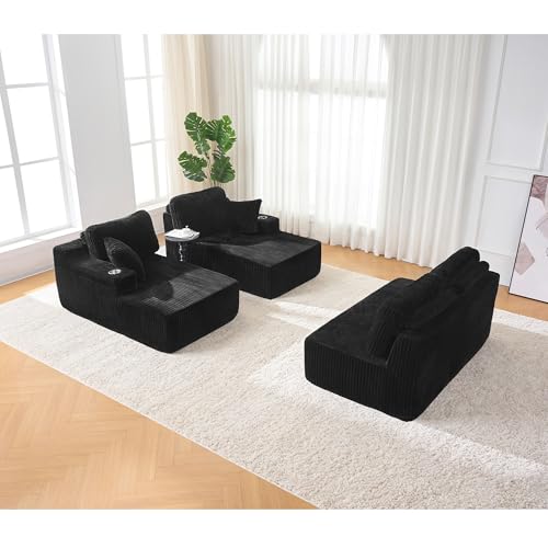 Image of 130 inch Modular Sectional Sleeper Sofa, Modern Cloud Sectional Sofa Couch with Cupholders and Storage, U Shape Boneless Couches for Living Room, Free Combination, No Assembly Required,Black