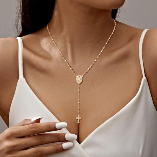 women39s gold virgin mary necklace - 14k gold plated rosary bead cross necklaceshypoallergenic non tarnish gold catholic y chain necklacereligious rosary beads crucifix necklaces jewelry gift for her