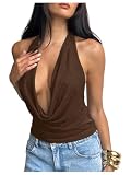 MakeMeChic Women's Going Out Halter Tops Backless Y2k Cowl Neck Tops Rave Outfits Brown Medium