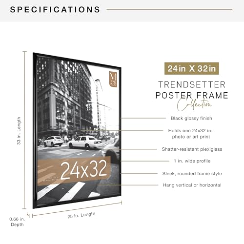 MCS Trendsetter 24x32 Poster Frame Black High-Gloss, Vertical & Horizontal Wall Hanging Large Picture Frame for Photos, Posters & Art Prints (1-Pack)