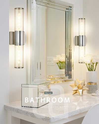 Image of Bathroom Vanity Light Fixtures, Chrome Wall Lights in Clear Glass Indoor Wall Sconce, Modern Wall Light Up and Down Wall Mount Lamp for Bathroom, Bedroom, Hallway, Kitchen, VL834-CH-CL