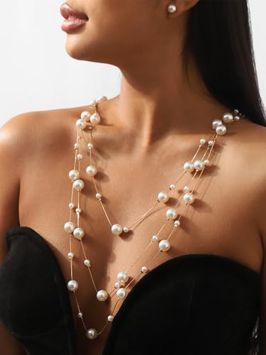 Vintage Pearl Multi Strand Necklace for WomenPearl Tassel Long Chain Necklace Set with Pearl Studs Boho Dainty Beads Layered Necklace Retro Prom Wedding Dress Jewelry Accessories2