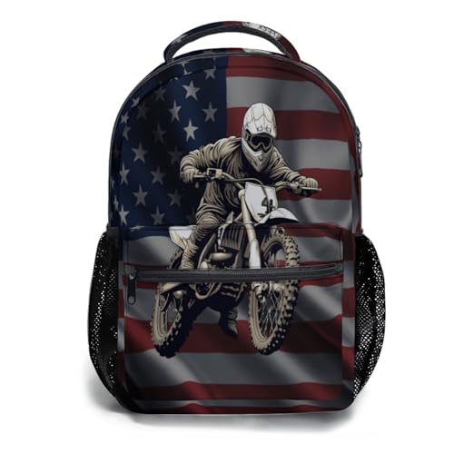 Anyako Mochila escolar, mochila para laptop, mochila de ombro para crianças, viagem, acampamento, mochila, Motocross Bike Bandeira Americana, 17.32x12.59x5.90 inch, Mochilas Daypack