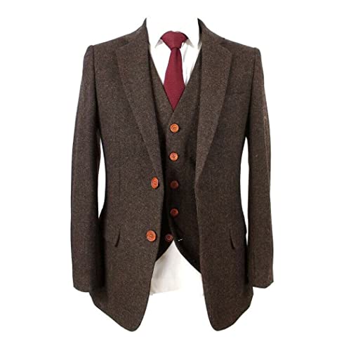 Men Brown Herringbone Tweed Blazer Prom Tuxedo Notch Lapel Casual Grooms Wedding 3 Pieces Suit Jacket Pants Vest