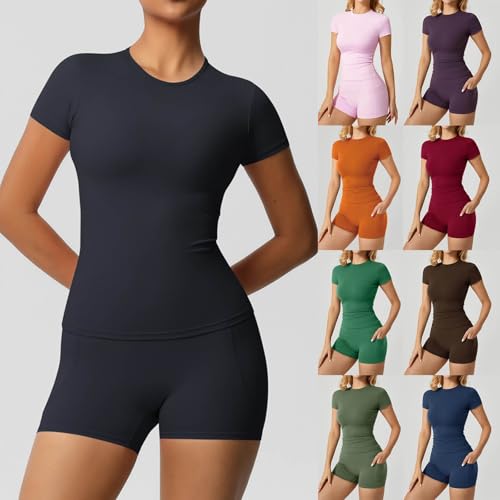 RAOKENSU Tenue d'été pour femme - 2 pièces - Respirant - Séchage rapide - Manches courtes - Col rond - T-shirt de sport et pantalon de yoga stretch - Coupe ajustée - Course - T-shirt de sport et short – vue 2