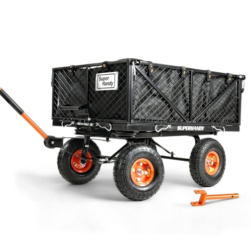 Image of SuperHandy Heavy-Duty Garden Cart - 660lb Load Capacity, Towable, Quick-Release Dump Action, 10-inch Pneumatic Tires, Works with Tugger Scooter