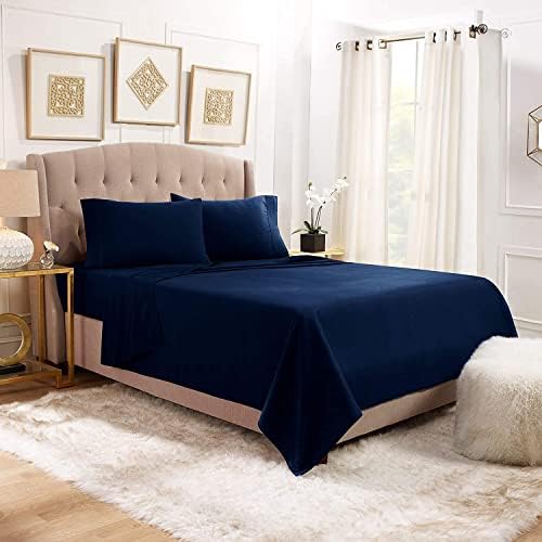 Anili Mili's Triple Stitch Embroidery Affordable 4 PC Bed Sheet Set - Full Size, Navy Blue