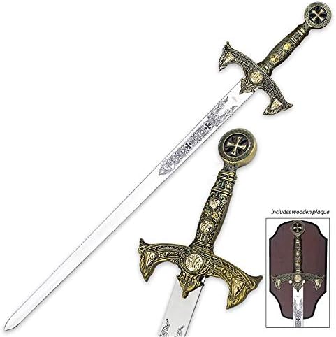 Miniatura 2 de Espada medieval cruzada de 45 pulgadas con placa de exhibición de pared. para decoración de pared, colección, cosplay