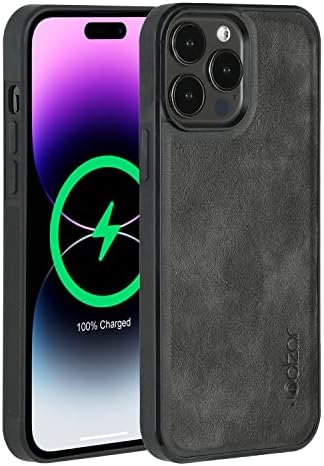 molzar GripBig Series iPhone 14 Pro Max Case with Faux Leather, Compatible with MagSafe Chargers & Accessories, Bulit-in Metal Plate for Magnetic Mount, Compatible with iPhone 14 Pro Max, Black/Black