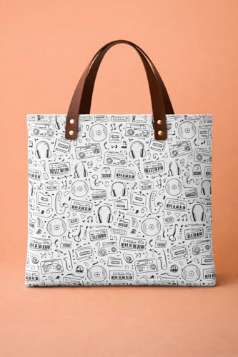 Image of Vintage Music Print Canvas Tote Bag for Women & Girls | Reusable Shoulder Handbag with PU Leather Handles | Retro Cassette, Headphones & Vinyl Record Design |