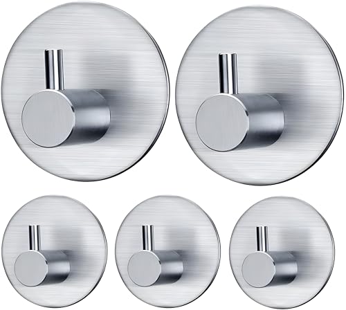 Image of JIALTO 5 pcs Self-Adhesive Stainless Steel Hooks: Heavy-Duty Wall Hanging Solution Without Drilling - Waterproof Hooks for Bathroom and Kitchen Towels (Round Silver)